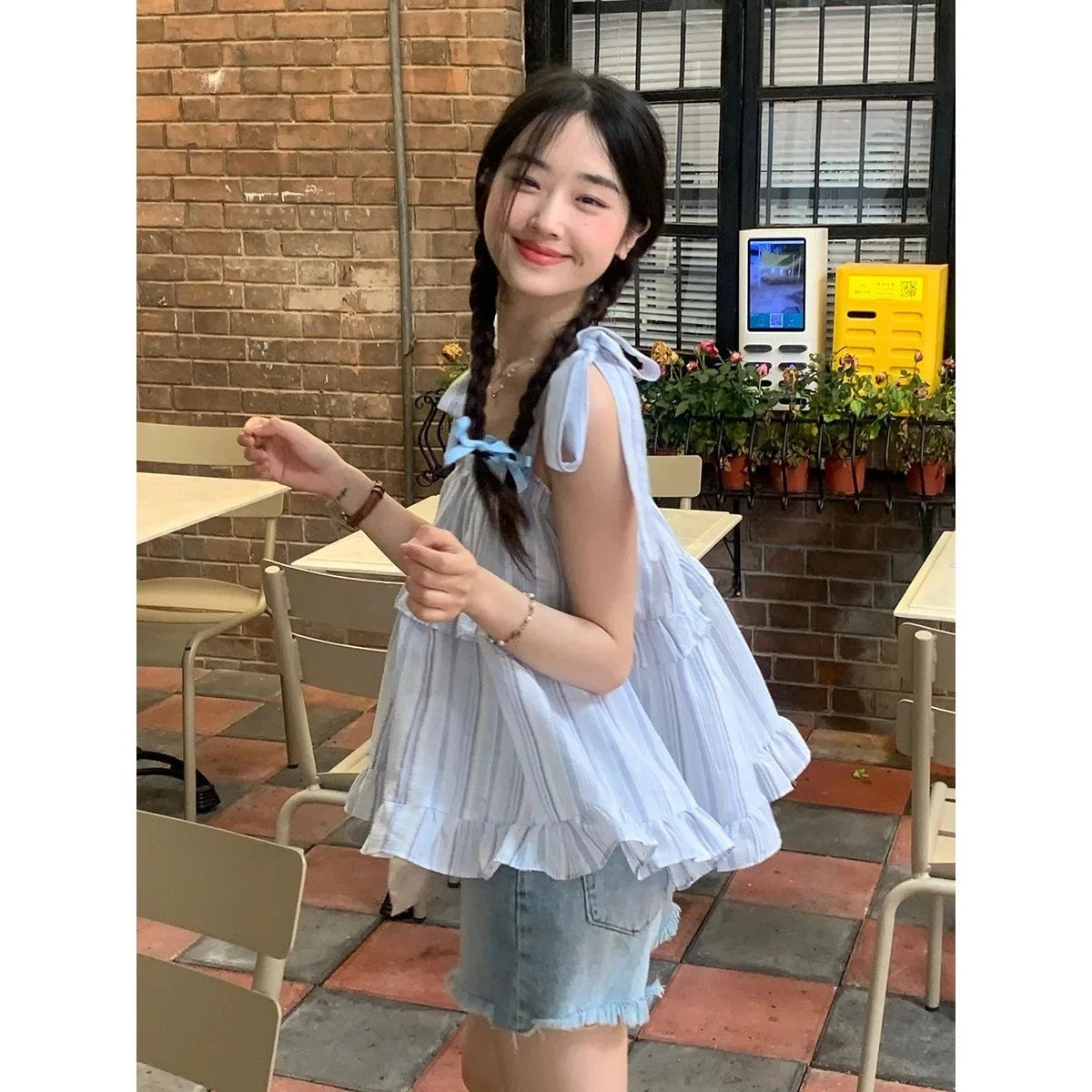 French Style Striped Bow Tank Top Women's Summer Loose Fit Vacation Style Doll Top Fashionable Casual Wear
