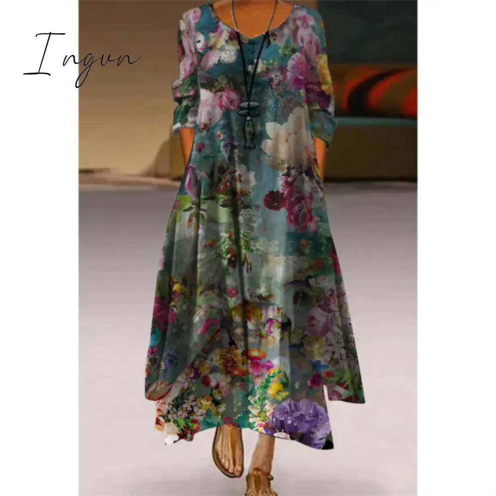 Ingvn - Fashion Summer Maxi Dress Women's Printed Sundress Casual Short Sleeve Vestidos Female High Waist Robe Femme midi elbise