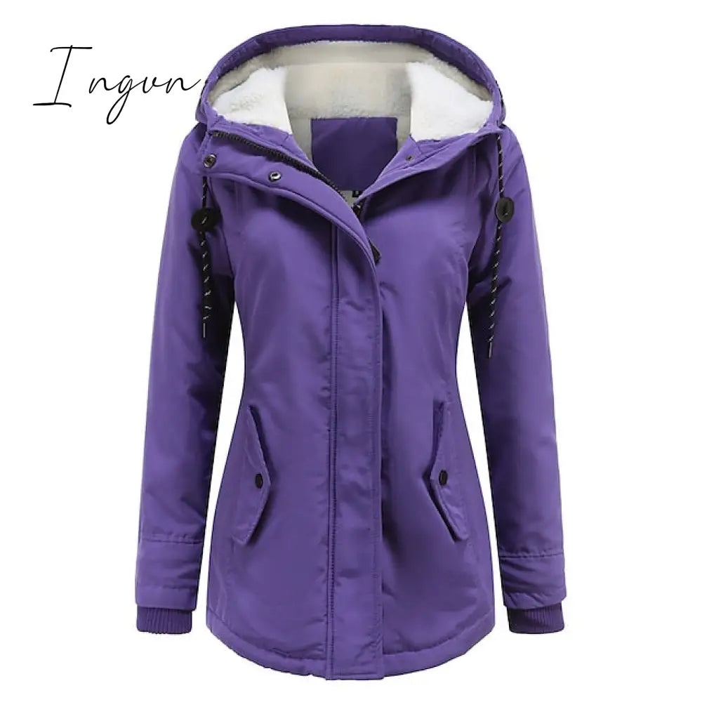 Ingvn - Women's Parka Street Fall Winter Long Coat Windproof Warm 3 in 1 Loose Casual Sports Jacket Long Sleeve Solid Color Zipper Purple Blushing Pink  Waterpoof  Daily Wear Down  Parkas  Lined