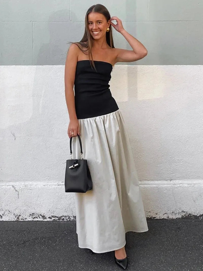 Ingvn  Woman Clothing Vintage Strapless Print Patchwork A-line Holiday Dress Female Sexy Sleeveless Black Long Party Evening Dresses