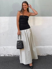 Ingvn  Woman Clothing Vintage Strapless Print Patchwork A-line Holiday Dress Female Sexy Sleeveless Black Long Party Evening Dresses