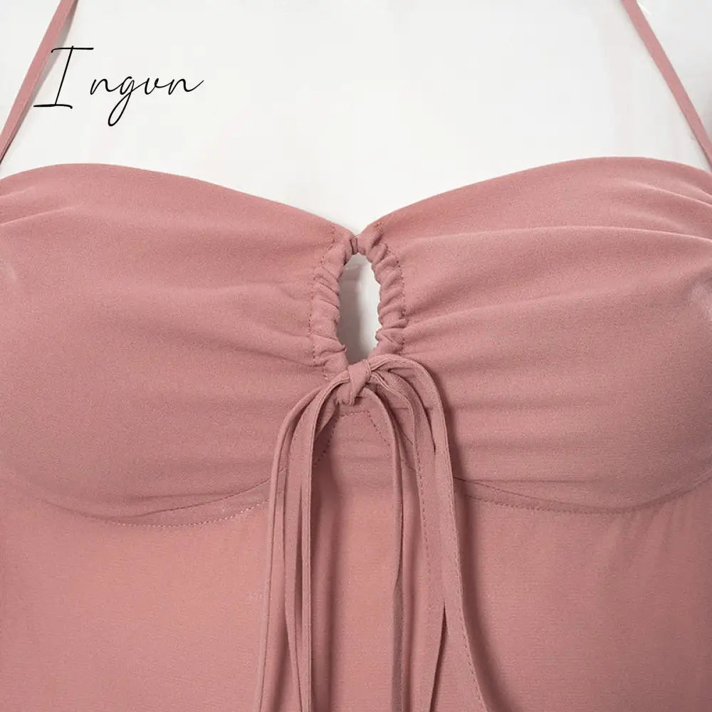 Ingvn - Going Out Outfits Spring Elegant Cut Out Halter Bodycon Mini Dress Women Sexy Flare Long Sleeve Drawstring Backless Party Dresses