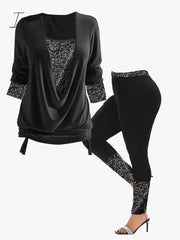 Ingvn - Women's Shirt Pants Sets Black Burgundy Khaki Solid Color Sequins Long Sleeve Casual Daily Fashion Square Neck Regular Fit Spring &  Fall