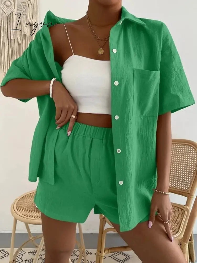 Ingvn - Long Sleeve Single-breasted Top + Broad-legged Shorts Set Fashion Ladies Sexy Solid Suits Summer 2 Piece Outfits For Women