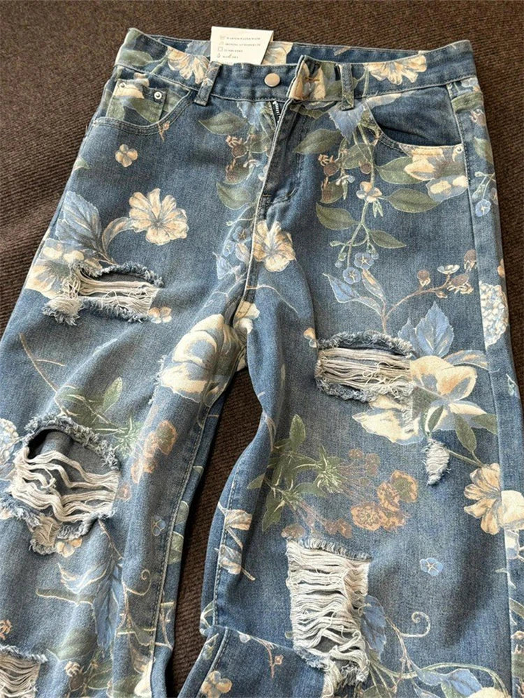 Ingvn  Women's Flower Print Design Distressed Jeans Young Girl Summer Thin Straight Bottoms Vintage Trousers Female Wide Leg Pants