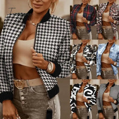 Ingvn - Autumn Winter Women Plaid Zipper Jacket Fashion Printed Zipper Jacket Coat Women