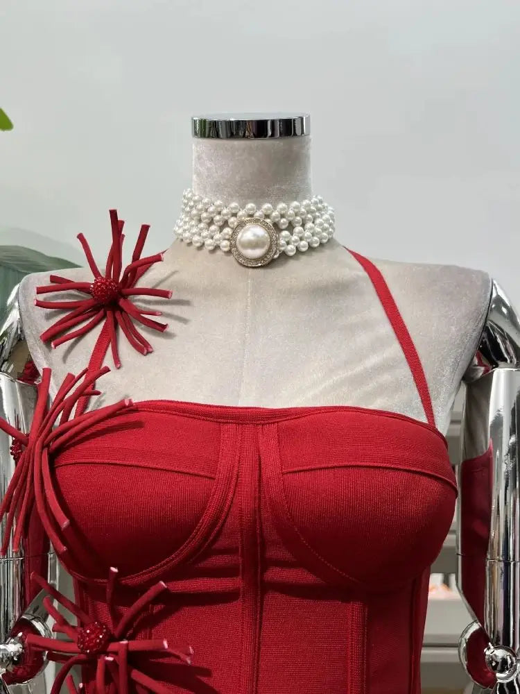 Bandage Tight Two Piece Flower Top Mini Skirt Sets Halter Knitted Nightclub Clothing Luxury Party Dress Women's Fashion Outfit