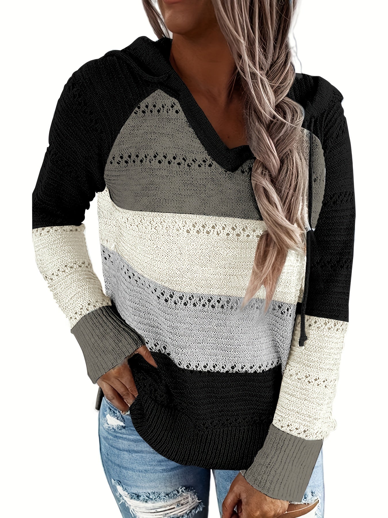 Color Block Drawstring Hooded Sweater, Casual Long Sleeve Sweater For Fall & Winter, Women's Clothing