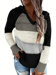 Color Block Drawstring Hooded Sweater, Casual Long Sleeve Sweater For Fall & Winter, Women's Clothing