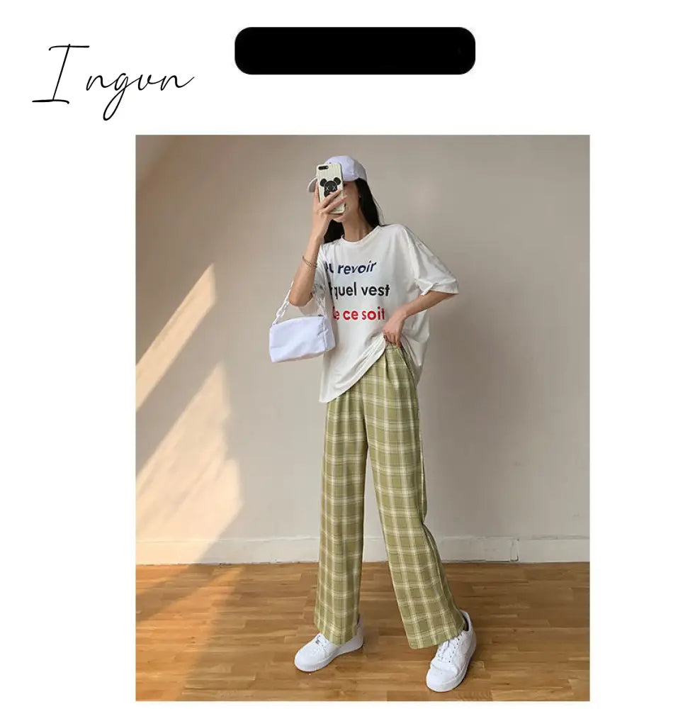 Ingvn - Vintage Plaid Pants Women High Waist Plus Size Wide Leg Casual Female Trousers Summer Joggers Clothes Streetwear Girl Pants