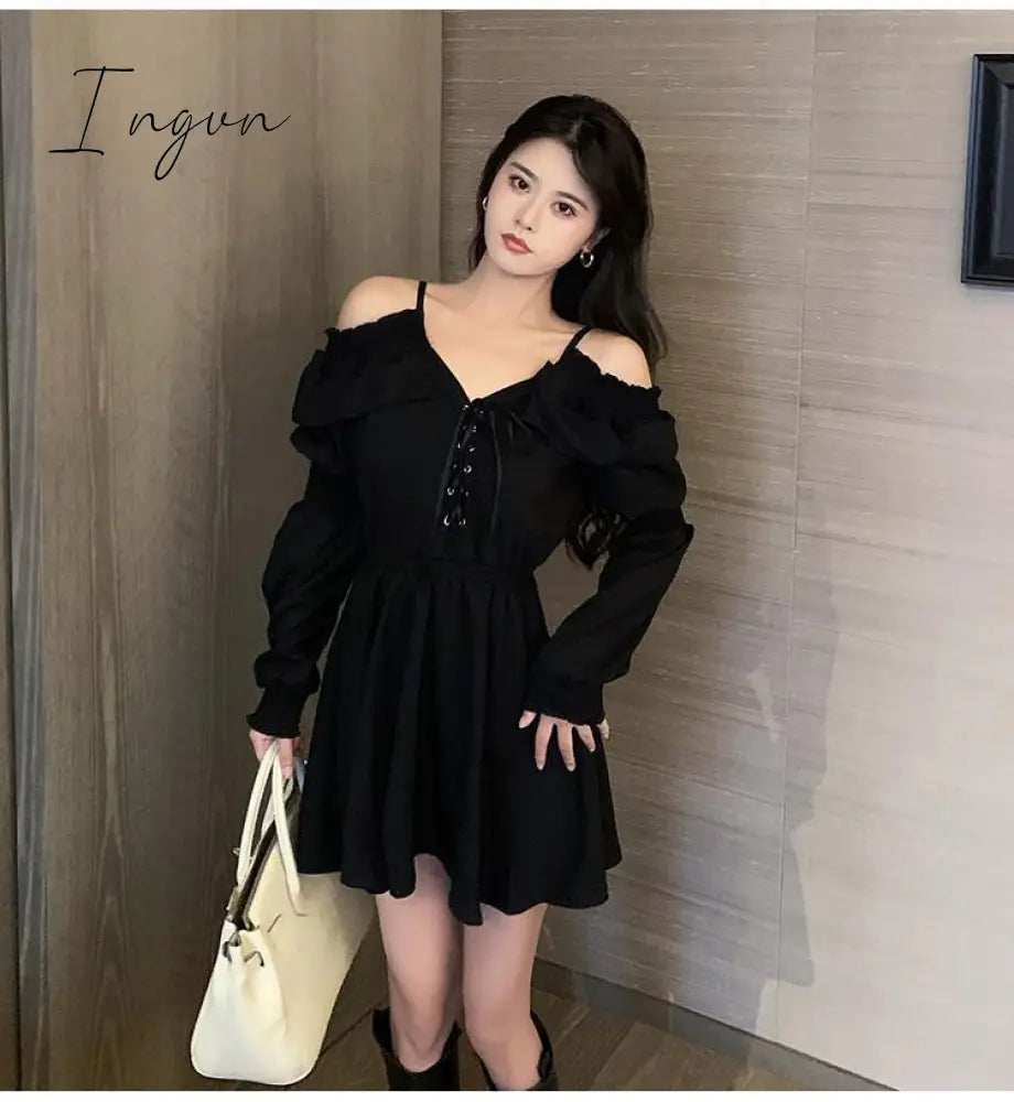 Ingvn - Gothic Black Dress Women Casual Button Lace Evening Party Sexy Mini Dress Female Long Sleeve One-piece Dress Korean Autumn