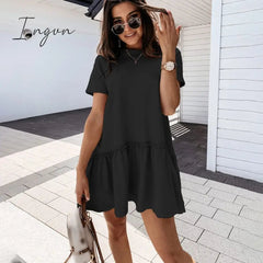 Ingvn - Fashion Trends Loose Casual Short Sleeve Mini Dress Women Summer O-neck White Black Ruffles Big Hem Beach Dresses For Woman Femme Robe
