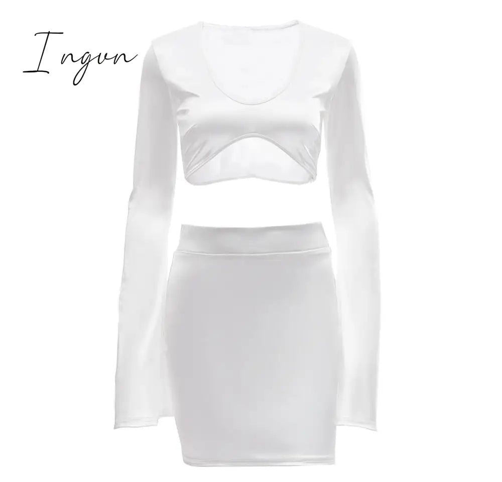 Ingvn - Satin Flare Long Sleeve 2 Two Piece Matching Set Women Crop Top Skirt Autumn Winter Birthday Fashion Sexy Clothes