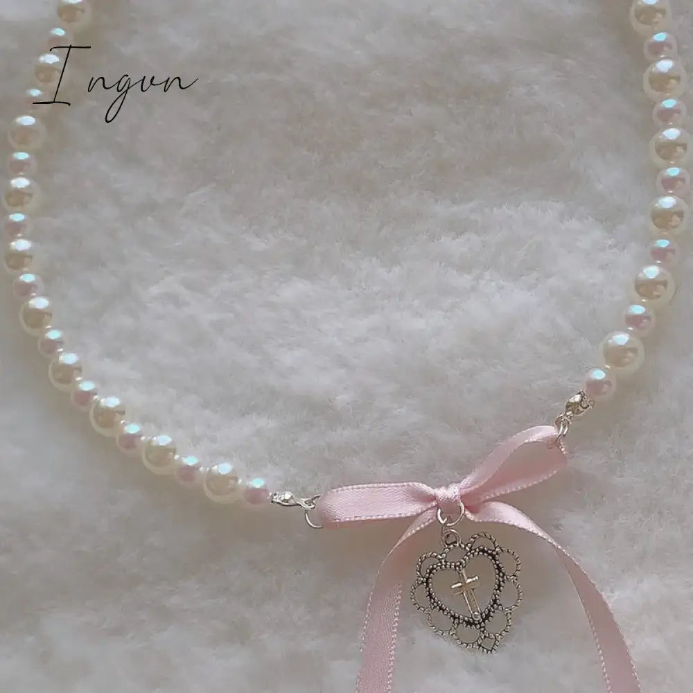 Bowknot Love Cross Imitation Pearl Pendant Necklace for Women French Romantic Sweet Clavicle Chain Harajuku Fashion Y2K Jewelry