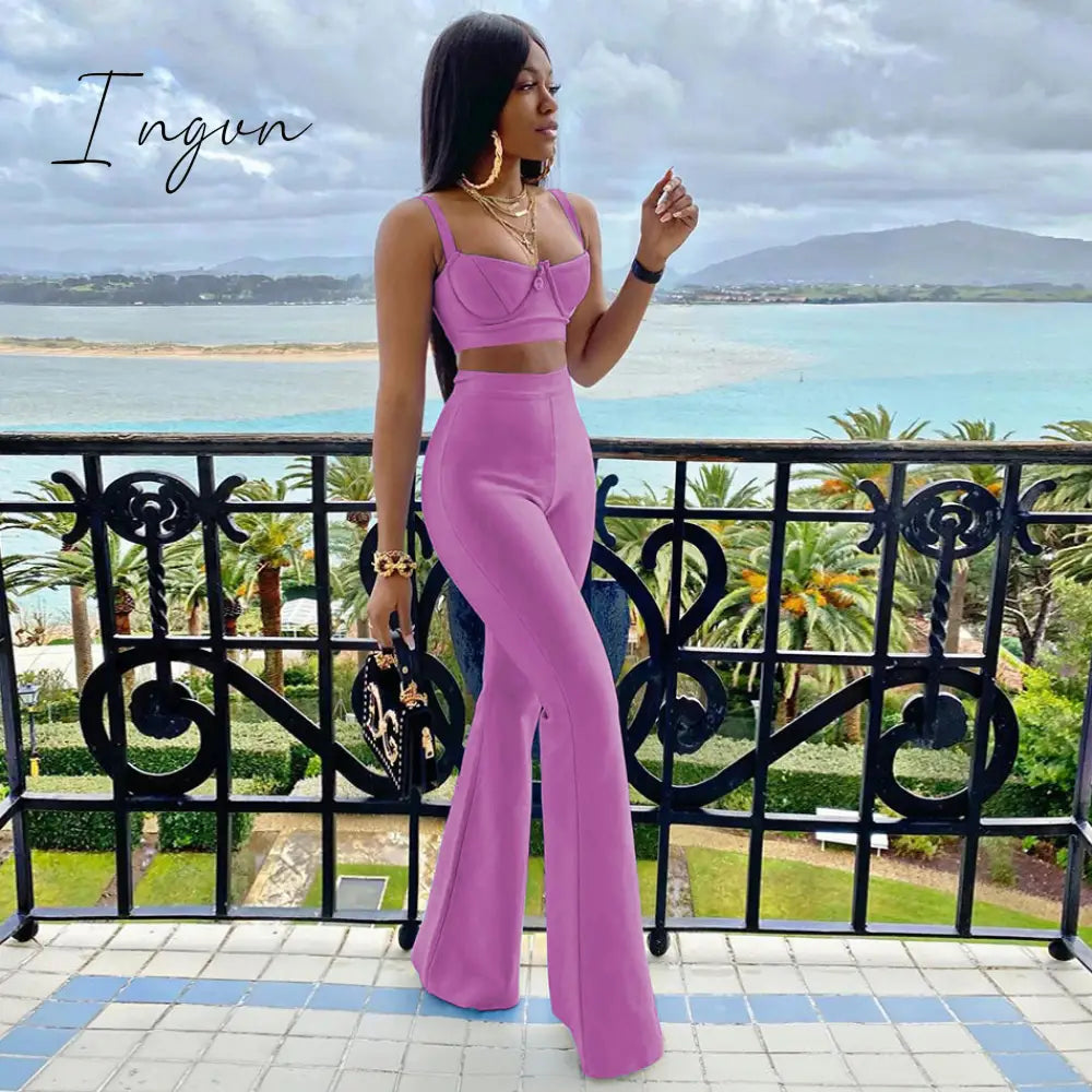 Ingvn - Summer New Women's Fashion Sexy Bandage 2 Two-piece Set Sleeveless Tight Short Top &  High Waist Flared Trousers Pants Set