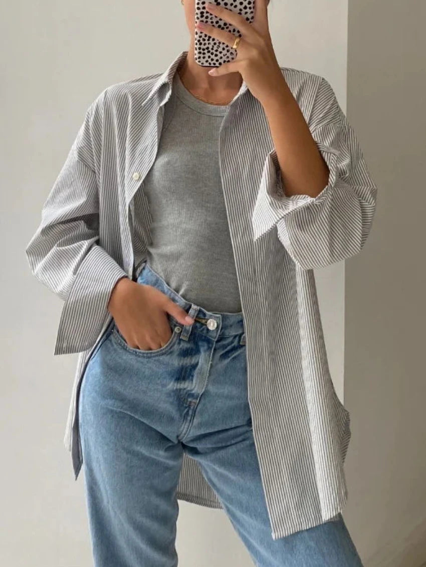 Ingvn  Chic Striped Women Shirt Loose 100% Cotton Shirts Tops Ladies Casual Lapel Oversized Lace Up Blouse Women Tops Blouse