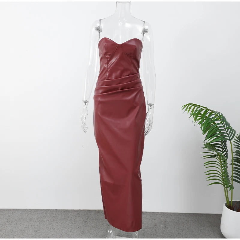 Women Burgundy Sexy Pu Leather Strapless Dress Fashion Backless Sleeveless Long Gown New Female Evening Party Prom Robe