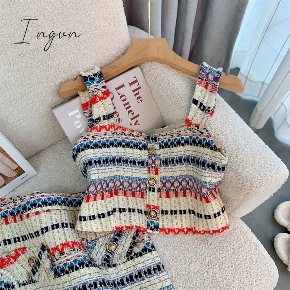 Ingvn - 2023 Summer Elegant Sexy Tweed Stripe 2 Piece Set Women Short Vest Crop Top + A-line Skirt Vintage Two Piece Skirt Set Outfits