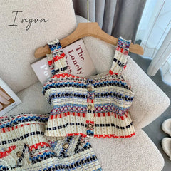 Ingvn - 2023 Summer Elegant Sexy Tweed Stripe 2 Piece Set Women Short Vest Crop Top + A-line Skirt Vintage Two Piece Skirt Set Outfits