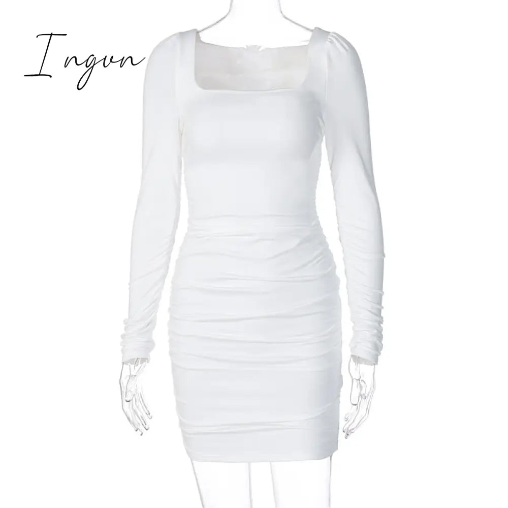 Ingvn - Hot Sale White Long Sleeve Dress For Women Black Vestido de Mujer Robe Femme Autumn Spring Ruched Elegantes Bodycon Dresses