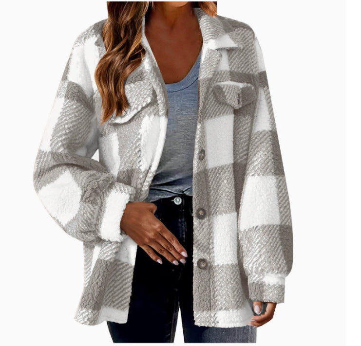 Autumn and Winter Open Button Lapel Plush Plaid Coat Plaid Pattern Button Front Jacket Warm