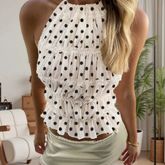 y2k Halter Tops Women Clothes Polkd Dot Print Lace Patchwork Ruffled Trim Sleeveless Backless Ruched T Shirt Streetwear