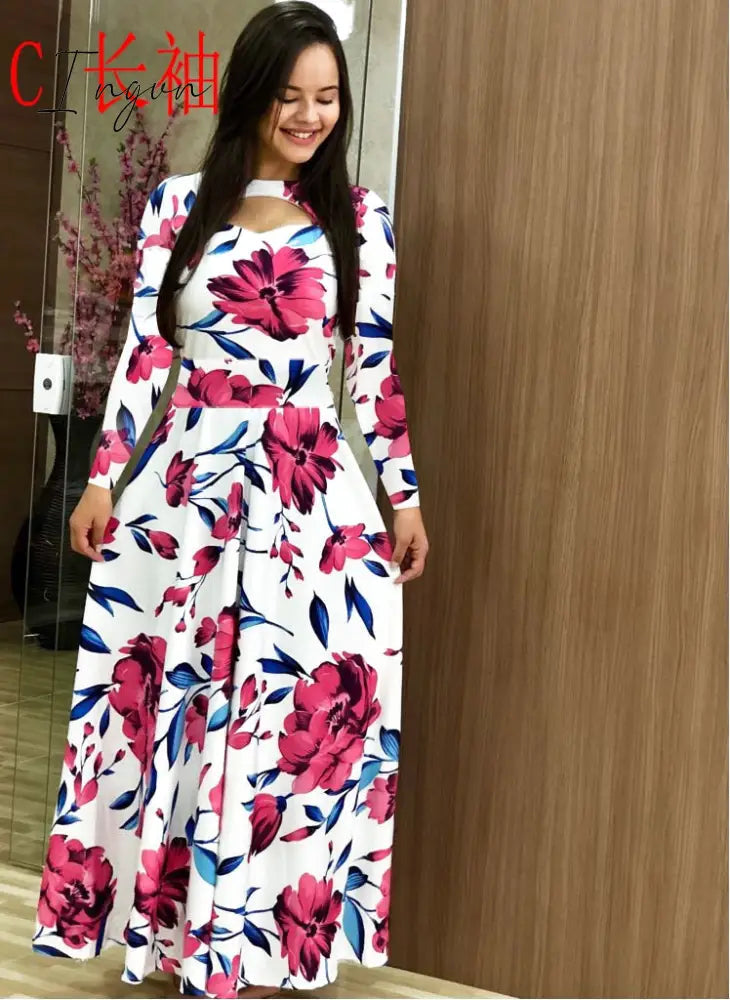 Ingvn - S- 5XL Plus Size Elegant Oversized Tunic Women Dress Bohmia Flower Print Maxi Dresses Fashion Hollow Out Long Vestidos