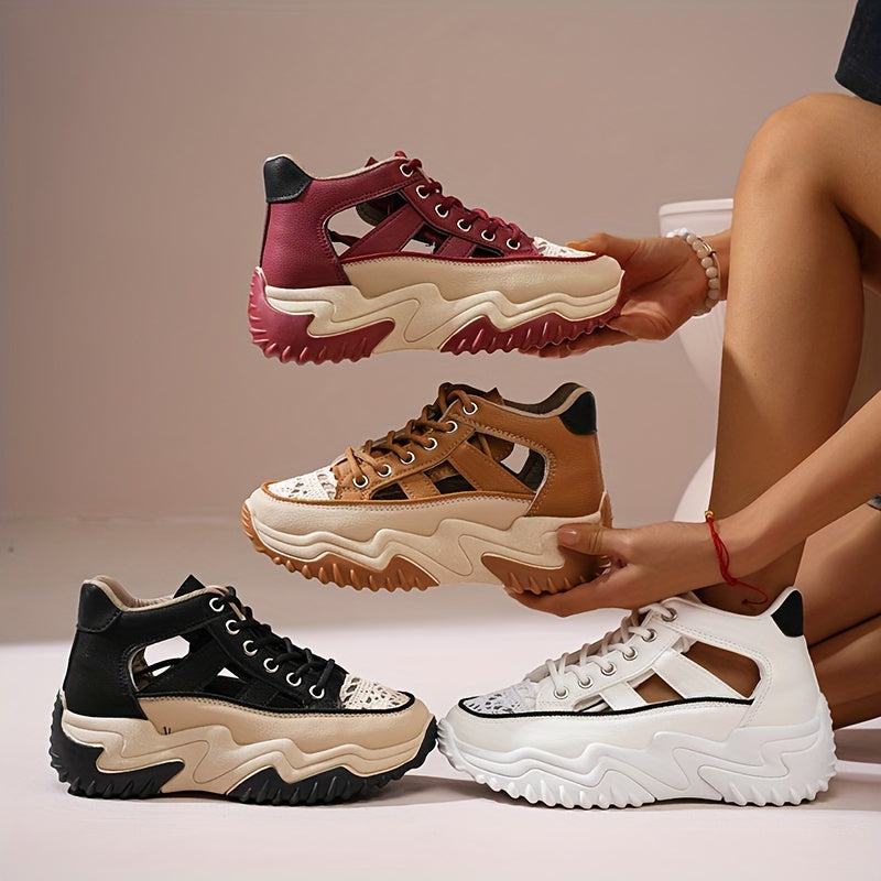 Fashionable Womens Platform Sneakers - Breathable Hollow Out Design - Lightweight Summer Shoes for Stylish Outdoor Adventures - Versatile Lace-Up High Tops for All-Day Comfort