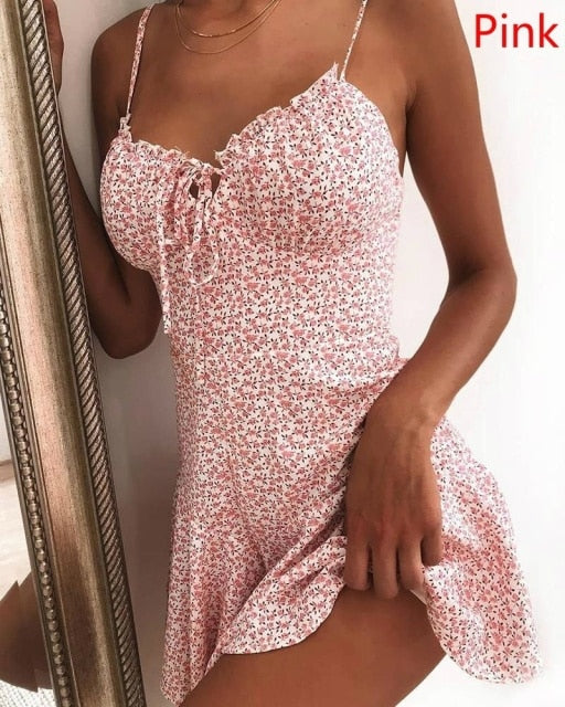Women's Summer Fashion Spaghetti Strap Floral Print Tie Front Mini Sexy Dress, Party Dresses ,Dance Dress, Evening Dresses