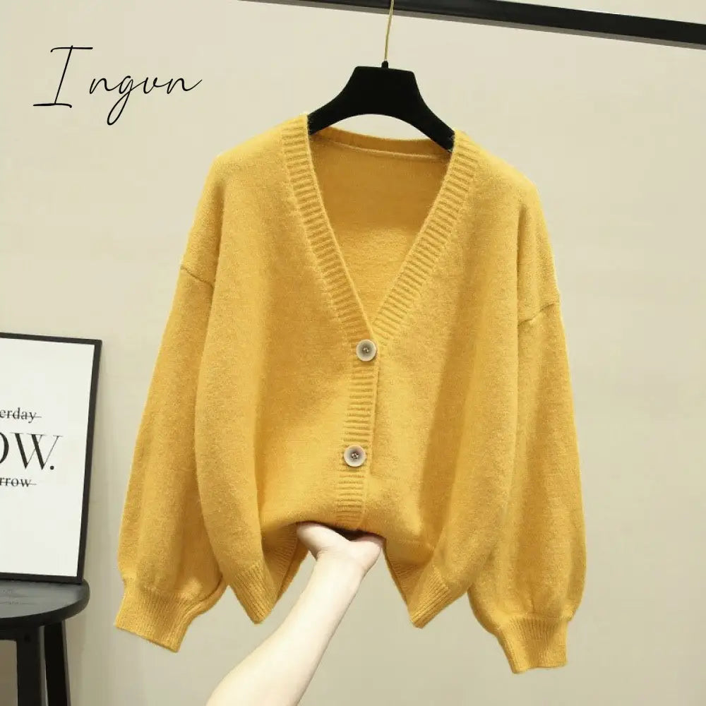 Ingvn - Oversized Cardigan Women Spring Casual Solid V Neck Long Sleeve Cardigan Sweater Female Knit Jacket Coat Green Pink