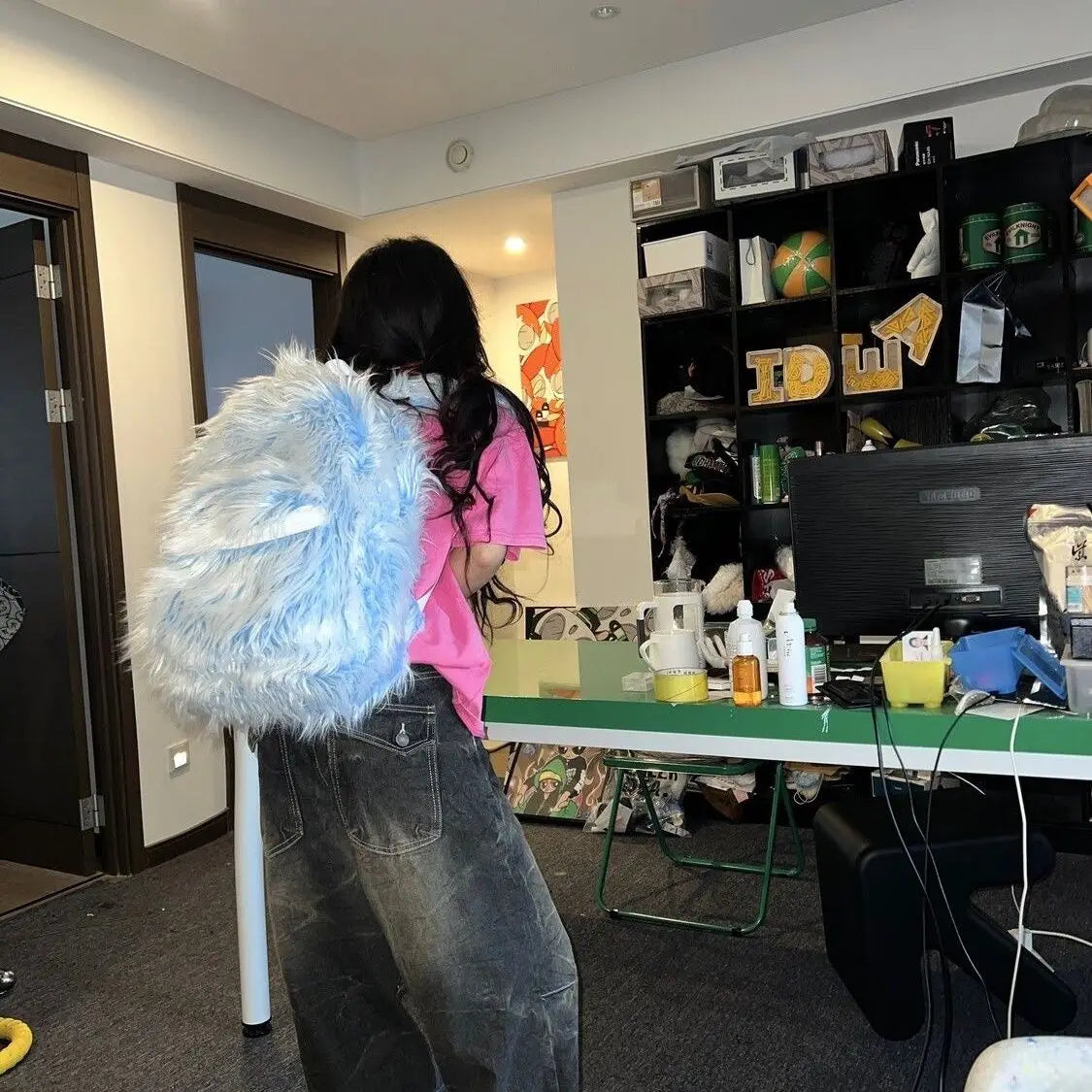 Ingvn  Y2k Fluffy Backpacks Color Contrast Winter Travel Bags Outdoor College Student Fashion School Bag Harajuku Faux Fur Backpack New