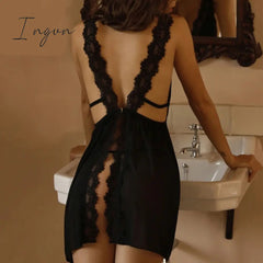 Ingvn - New Summer Womens Sleepwear V-Neck Sexy Nightdress Casual Nightgown Comfortable Lace Pajama Solid Color Bifurcation Nightwear