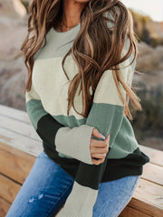 Striped Pattern Knitwear Tops, Crew Neck Long Sleeve Pullover Sweaters, Color Block Shirts, Women's Clothing