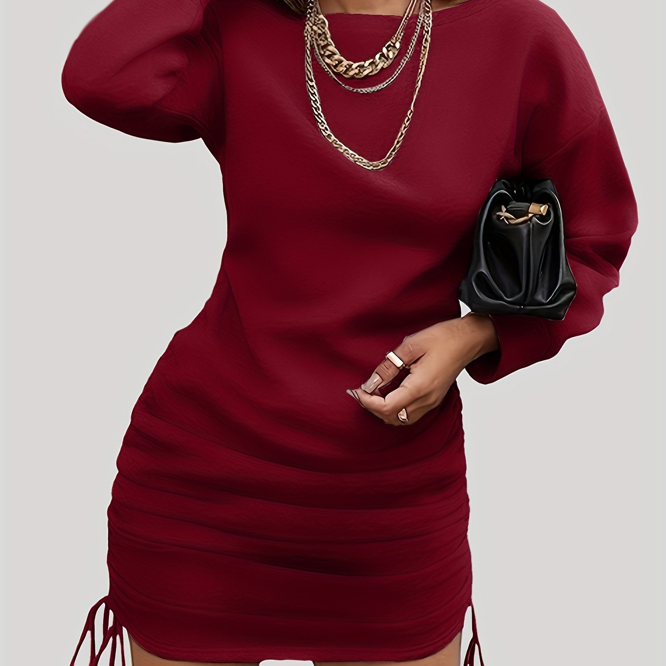 Women's Flattering Ruched Long Sleeve Dress - Adjustable Drawstring, Cozy Crew Neck Design, Versatile Casual Attire for Everyday Elegance