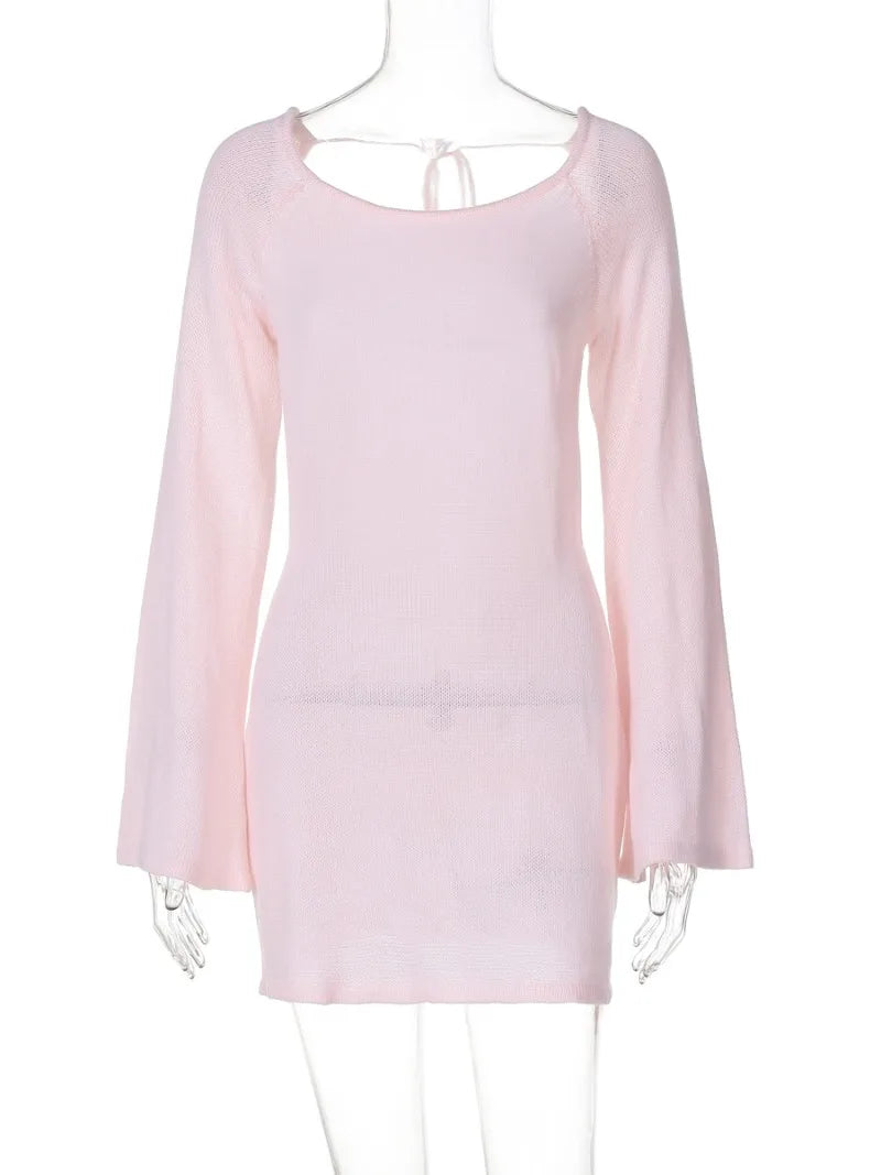 Ingvn  Womens Flare Sleeve Lace-up Backless Pink Sweater Dress Ladies Autumn High Waist Hollow Out Knitted White Party Vacation Dresses