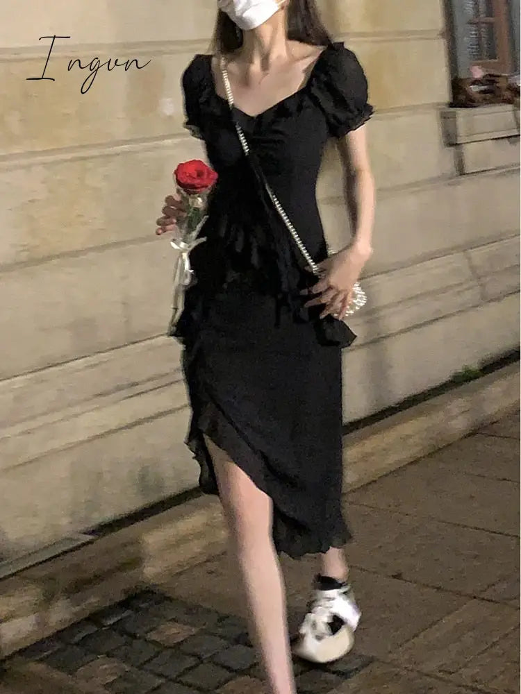 Ingvn - Fairy 2 Piece Dress Set Woman Casual Long Sleeve Crop Tops + Elegant Solid Strap Midi Dress Party Korea Fashion Suit 2023 Summer