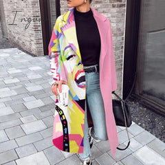 Ingvn - Casual Lapel Long Sleeve Blend Wool Coats Fashion Portrait Print Women Long Overcoat Winter Elegant Lady Cardigan Outerwear