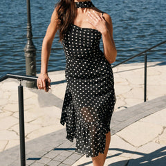 Women Summer Spaghetti Strap Dress Casual Dot Print Ruffle Party Dress and Scarf for Vacation Beach Streetwear