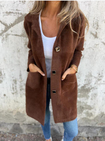 Autumn and winter single-breasted solid color lapel pocket double-sided cashmere mid-length coat for women