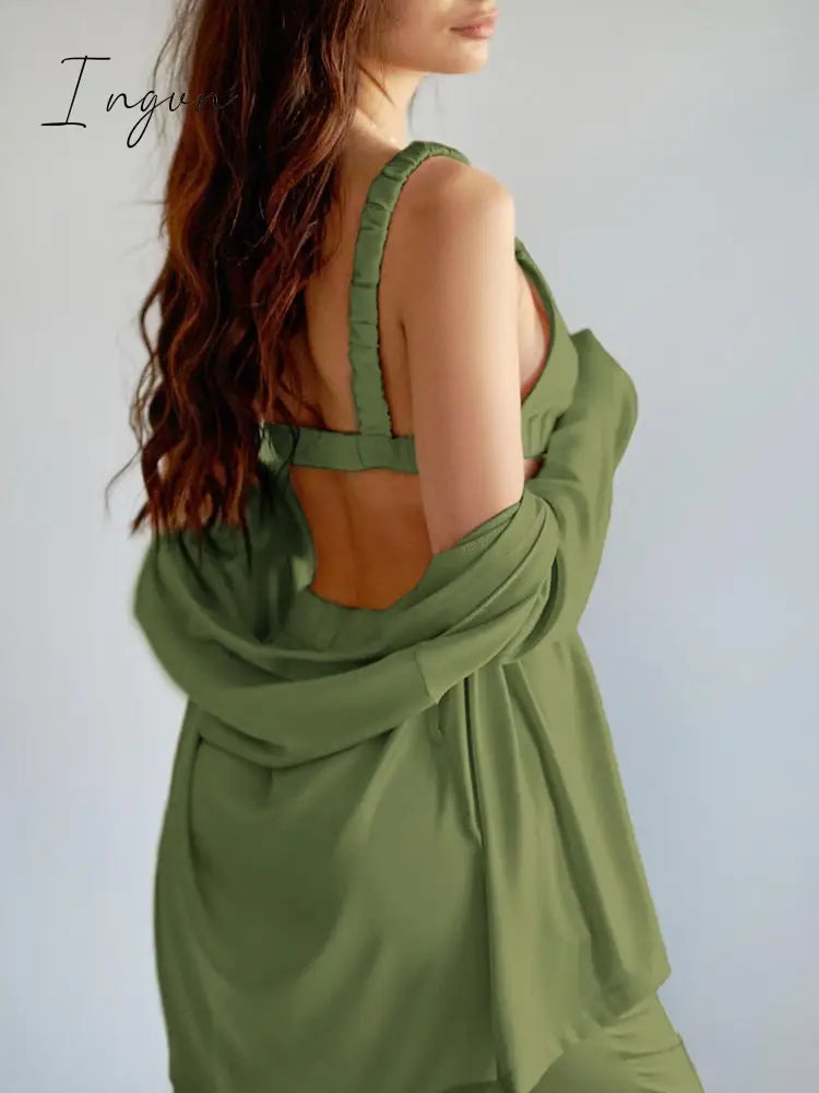 Ingvn - Fashion Solid Color Satin Robe Set With Bra Sexy Pajamas Set Female Home Suit For Women Pajama Spring Long Sleeve Sleepwear