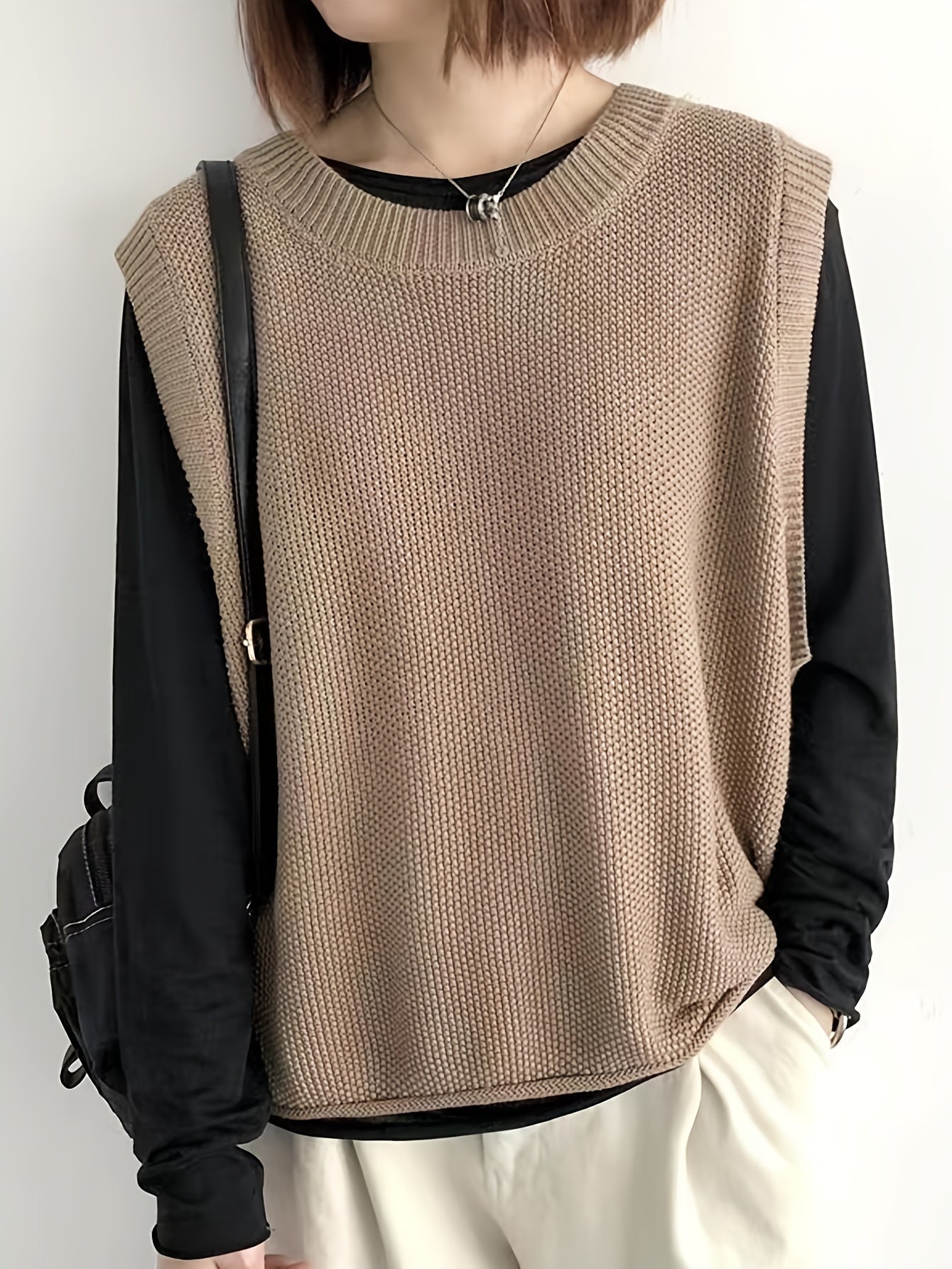 Women's Casual Solid Crew Neck Knitted Sleeveless Loose Fit Vest Sweater, Soft and Cozy Winter Clothing
