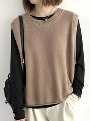 Women's Casual Solid Crew Neck Knitted Sleeveless Loose Fit Vest Sweater, Soft and Cozy Winter Clothing