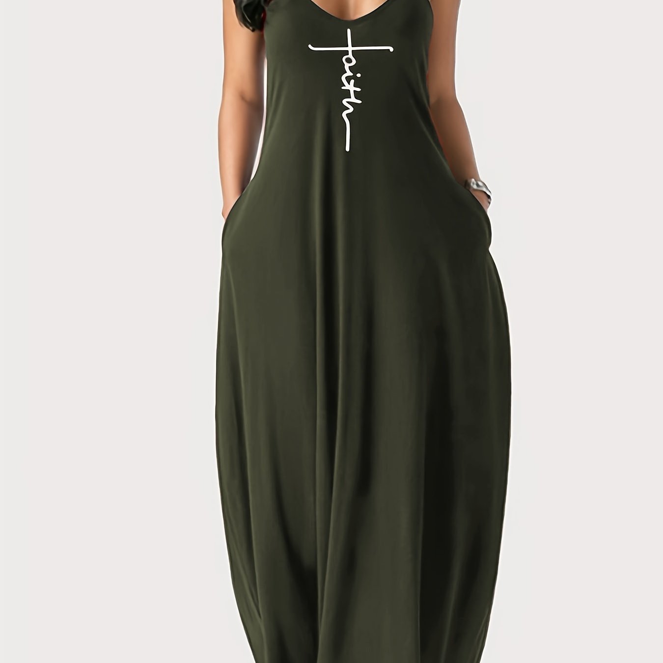 Faith Print Backless Spaghetti Strap Dress - Stylish V Neck Loose Fit for Women - Versatile Casual Summer Wear