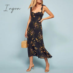Ingvn - Dresses For Women Elegant Vintage Floral Dress Frill Sweetheart Neck Sleeveless Strap Tie Ruffle Hem Summer Beach Dress