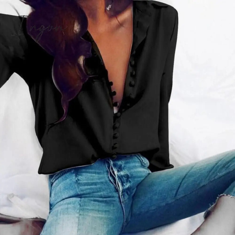 Ingvn - Fashion Casual Solid Color ladies office Tops Sexy Buttons Long sleeve Blouse new Spring Women Chiffon white Shirt