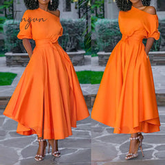 Ingvn - Women Dress Bare Shoulder Waist Belt Long A Line Pleated Orange Casual Fashion Female Ladies Elegant New Autumn Summer Robes