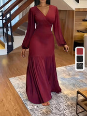 Stunning Ruched Maxi Dress - Elegant V Neck, Lantern Long Sleeves, Party-Perfect, Women's Clothing for Special Occasions