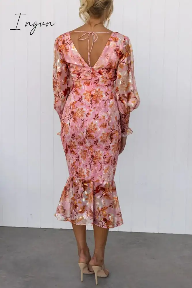 Ingvn - Celebrities Elegant Floral Frenulum V Neck One Step Skirt Dresses