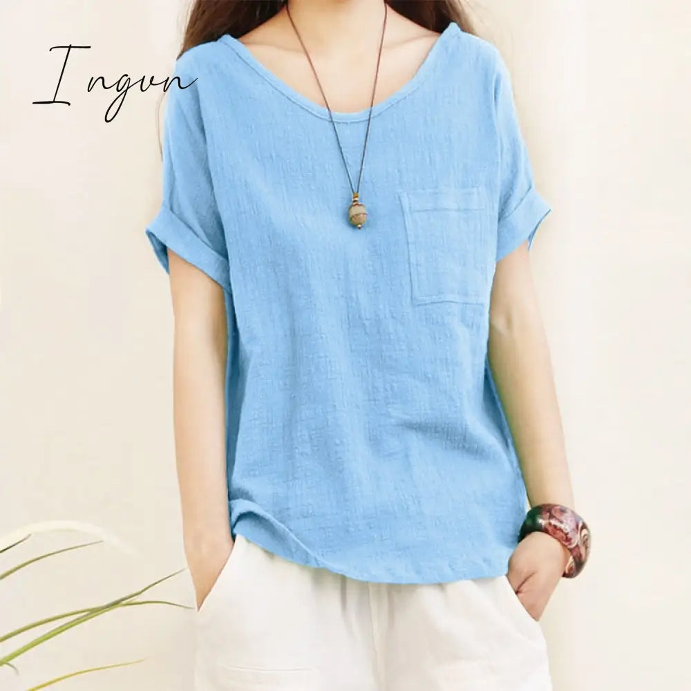 Ingvn - Green Loose Cotton Linen Blouse Oversize 5XL Blouses Women 2023 Summer Shirts Casual Short Sleeve O Neck Solid Shirt Lady Tops