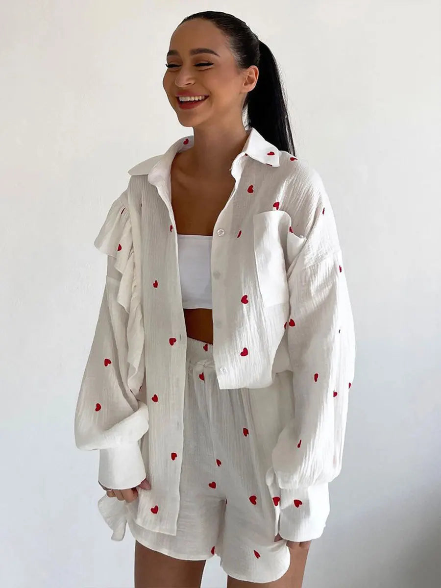 Ingvn  Women Spring Summer 100% Cotton Shorts Suit Office Lady Long Sleeve Loose Shirt + Shorts 2 Piece Sets Womens Outfits